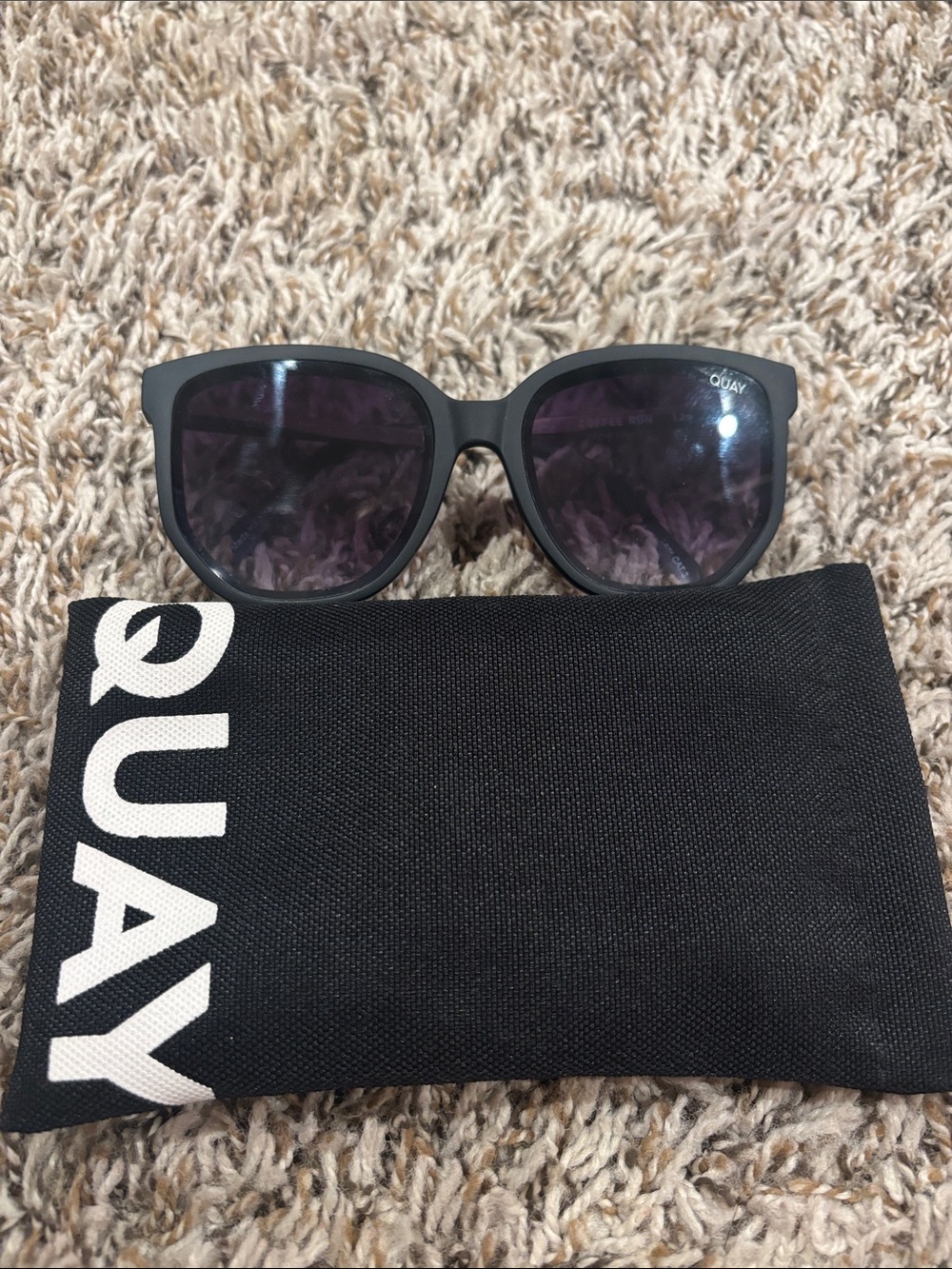 Quay Australia Coffee Run Oversized Black Sunglasses with Dark Purple Lenses